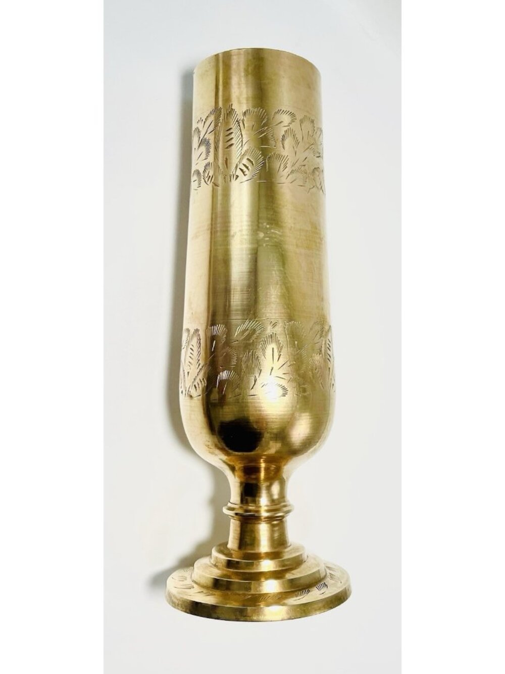 Vintage Etched Brass Bud Vase 10” Pedestal Footed Mid-century Boho Decor Gold